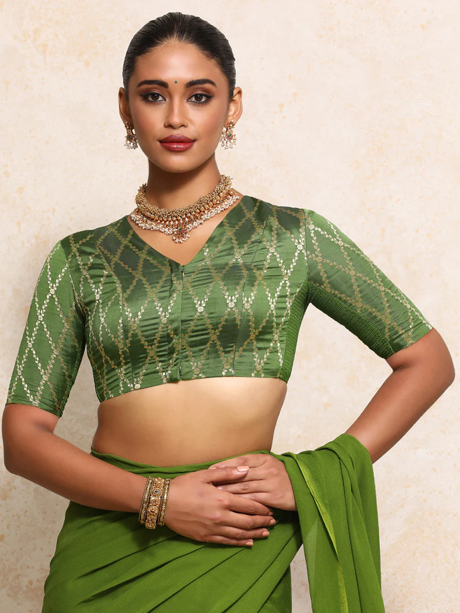 Manisha x Tyohaar | Elbow Sleeves Saree Blouse in Deep Olive Vine Mesh Brocade - Image 10