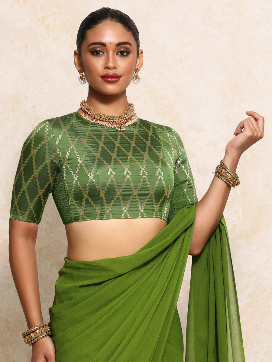 Reena x Tyohaar | Elbow Sleeves Saree Blouse in Deep Olive Vine Mesh Brocade - Image 12