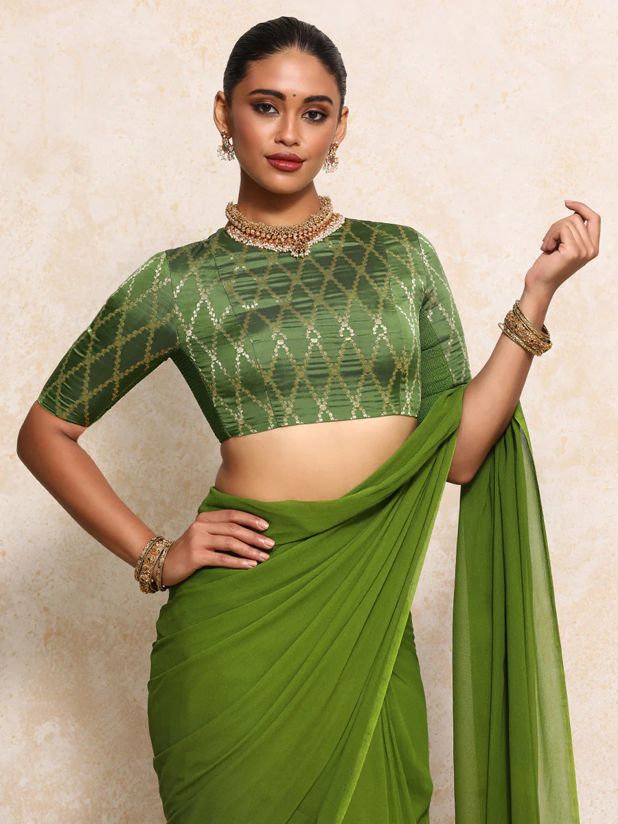 Reena x Tyohaar | Elbow Sleeves Saree Blouse in Deep Olive Vine Mesh Brocade - Image 13