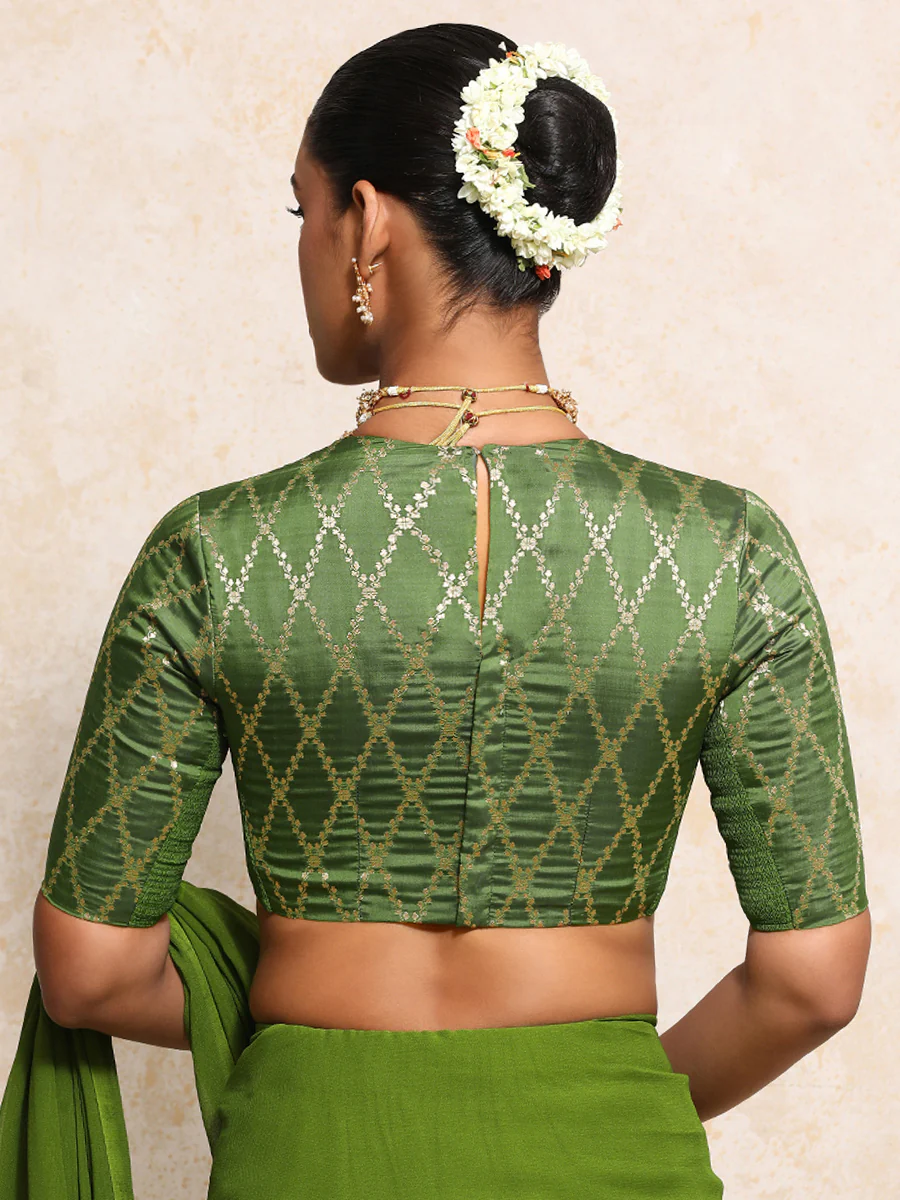 Reena x Tyohaar | Elbow Sleeves Saree Blouse in Deep Olive Vine Mesh Brocade - Image 2