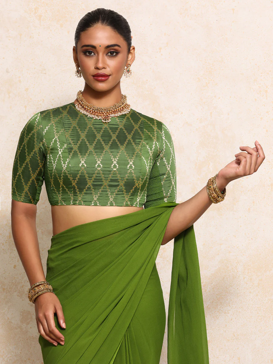 Reena x Tyohaar | Elbow Sleeves Saree Blouse in Deep Olive Vine Mesh Brocade - Image 5