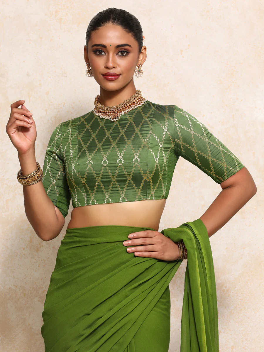 Reena x Tyohaar | Elbow Sleeves Saree Blouse in Deep Olive Vine Mesh Brocade - Image 7