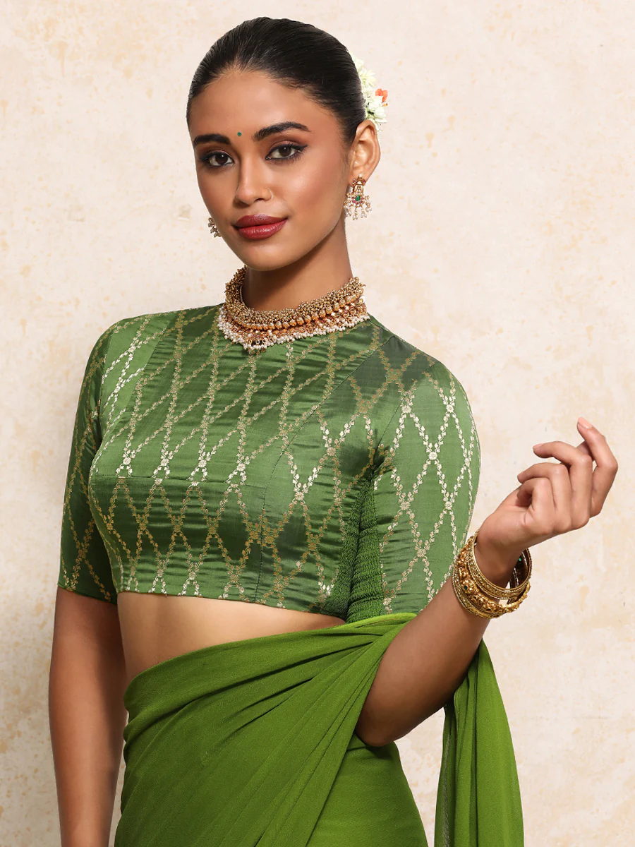 Reena x Tyohaar | Elbow Sleeves Saree Blouse in Deep Olive Vine Mesh Brocade - Image 9