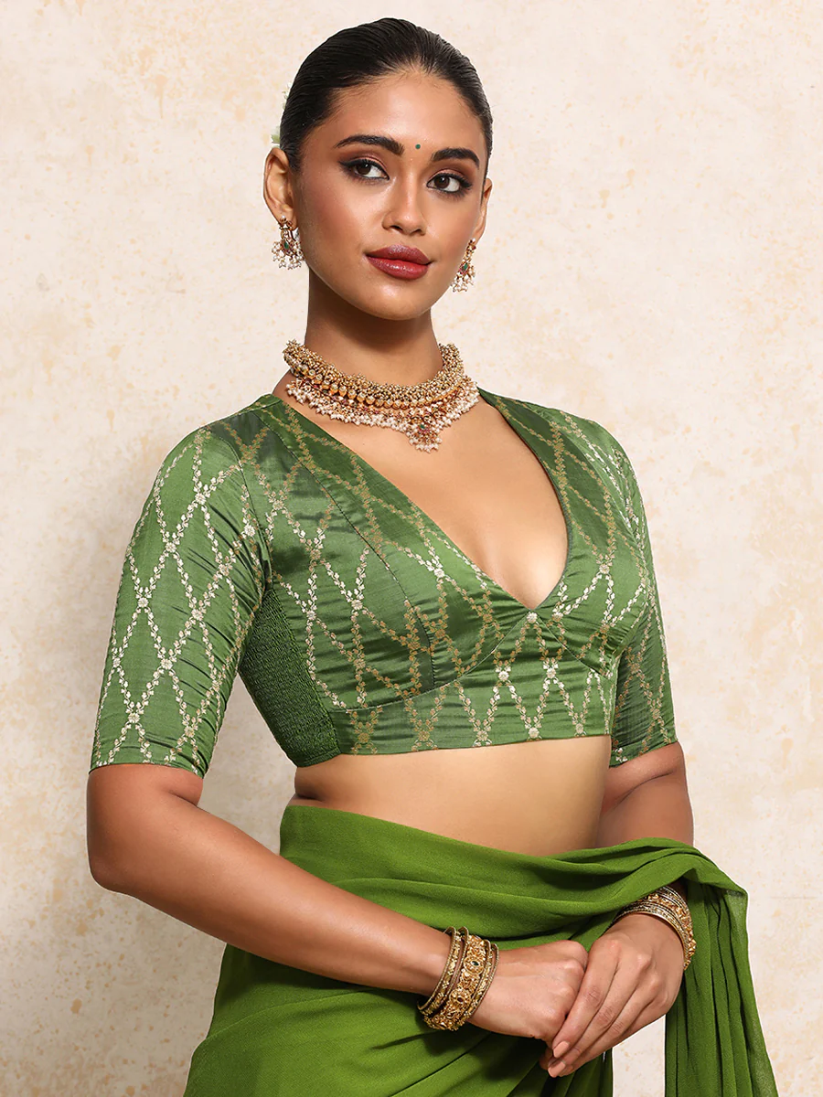 Rubani x Tyohaar | Elbow Sleeves Saree Blouse in Deep Olive Vine Mesh Brocade
