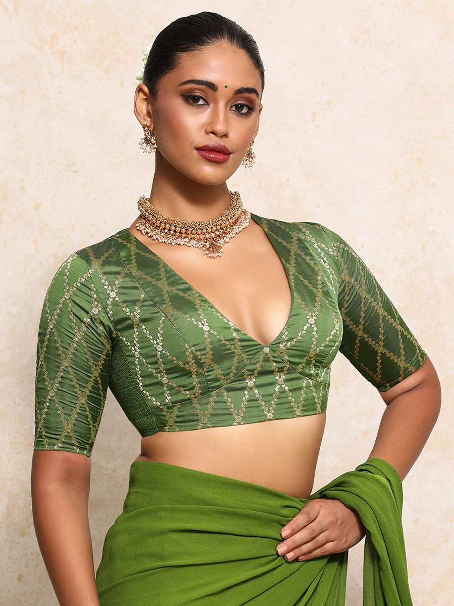 Rubani x Tyohaar | Elbow Sleeves Saree Blouse in Deep Olive Vine Mesh Brocade - Image 10