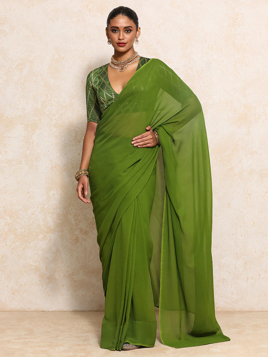Rubani x Tyohaar | Elbow Sleeves Saree Blouse in Deep Olive Vine Mesh Brocade - Image 11