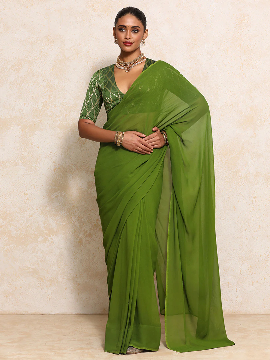Rubani x Tyohaar | Elbow Sleeves Saree Blouse in Deep Olive Vine Mesh Brocade - Image 12
