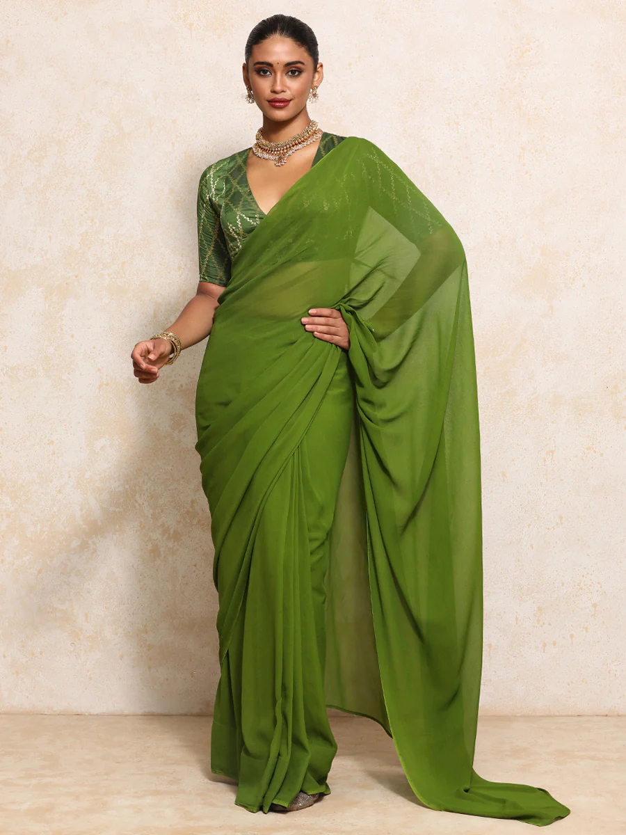 Rubani x Tyohaar | Elbow Sleeves Saree Blouse in Deep Olive Vine Mesh Brocade - Image 13