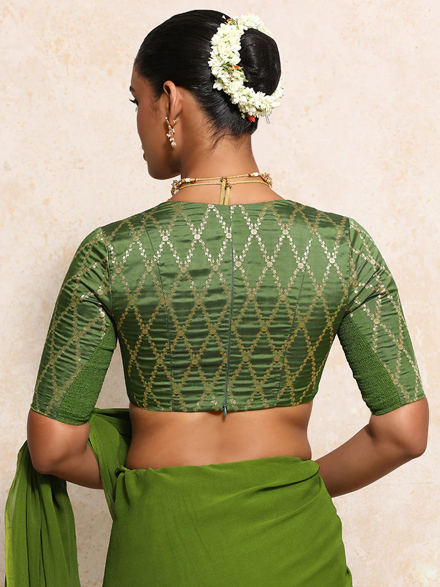 Rubani x Tyohaar | Elbow Sleeves Saree Blouse in Deep Olive Vine Mesh Brocade - Image 2