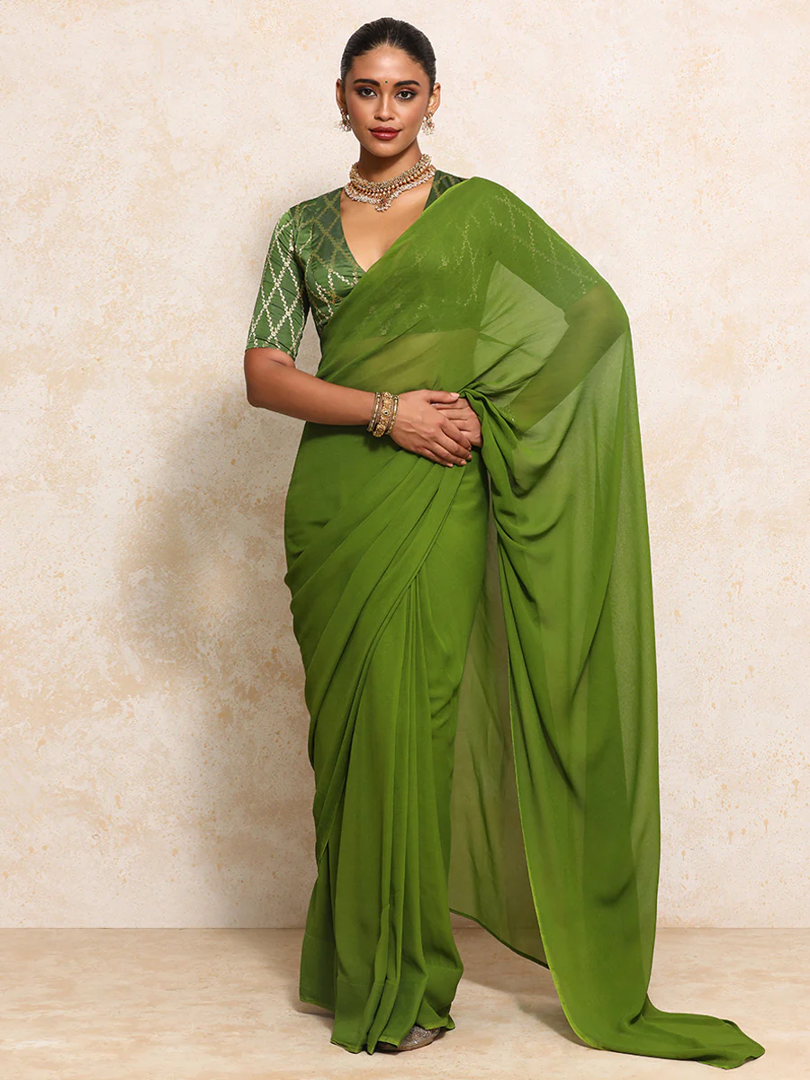 Rubani x Tyohaar | Elbow Sleeves Saree Blouse in Deep Olive Vine Mesh Brocade - Image 5