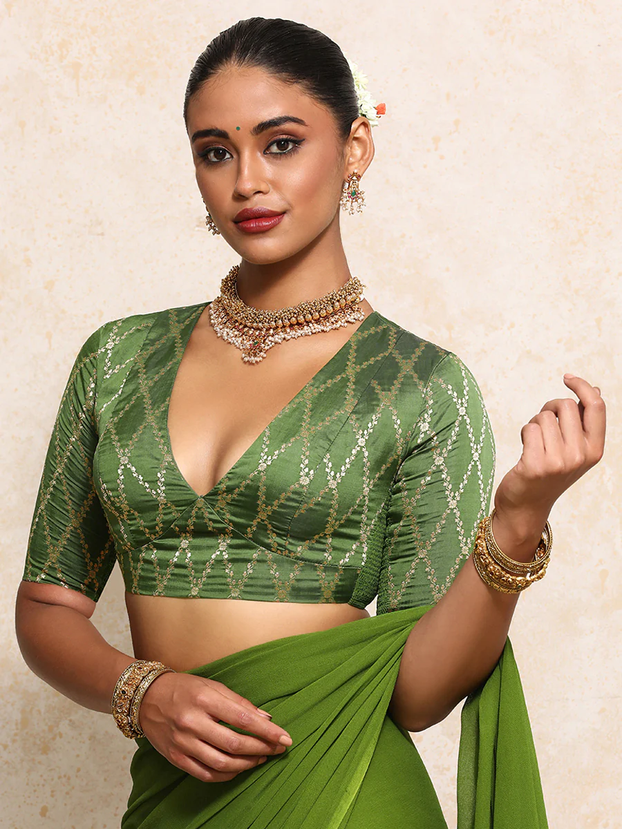 Rubani x Tyohaar | Elbow Sleeves Saree Blouse in Deep Olive Vine Mesh Brocade - Image 8