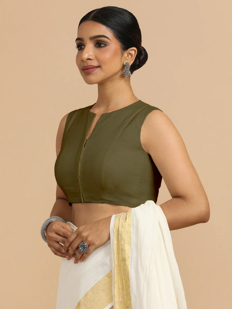 Tulsi x Rozaana | Sleeveless Saree Blouse in Deep Olive Green Linen - Image 4