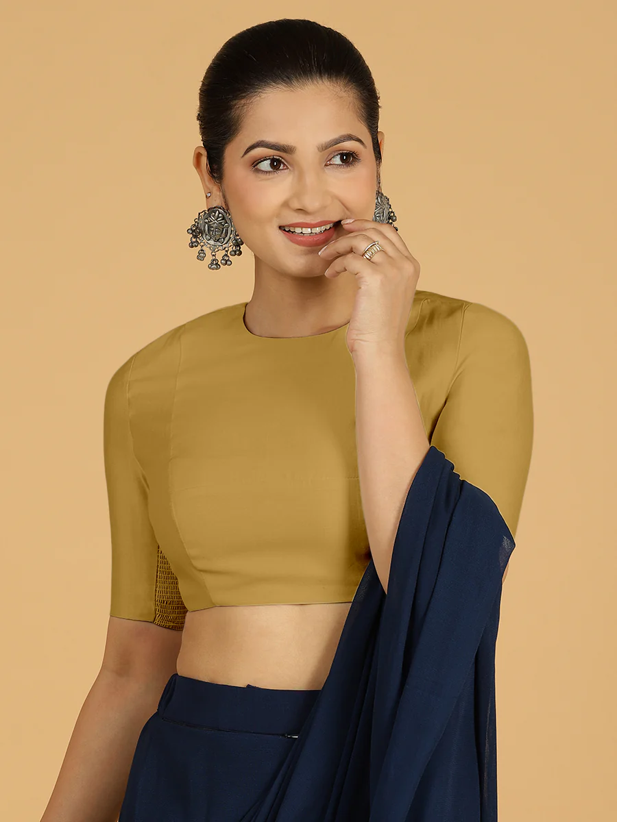 Amisha x Rozaana | Elbow Sleeves Saree Blouse in Dijon Mustard - Image 7