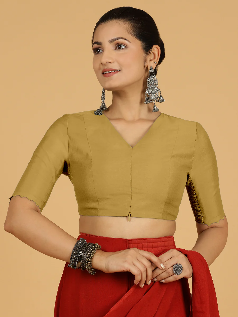 Divya x Rozaana | Elbow Sleeves Saree Blouse in Dijon Mustard - Image 7