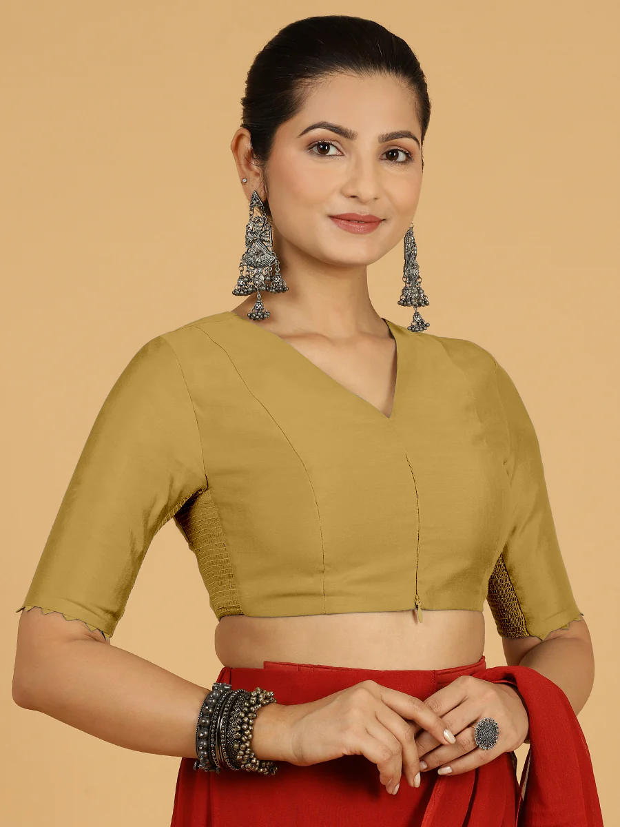 Divya x Rozaana | Elbow Sleeves Saree Blouse in Dijon Mustard - Image 9
