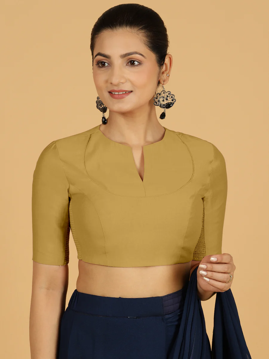 Karishma x Rozaana | Elbow Sleeves Saree Blouse in Dijon Mustard - Image 11