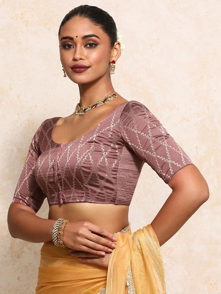 Kumkum x Tyohaar | Elbow Sleeves Saree Blouse in Dusky Mauve Vine Mesh Brocade - Image 10