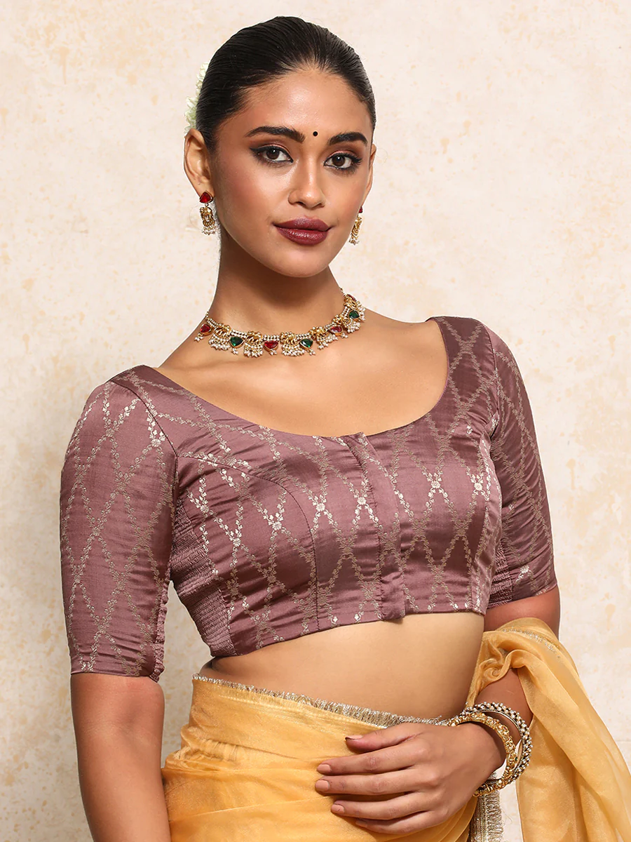 Kumkum x Tyohaar | Elbow Sleeves Saree Blouse in Dusky Mauve Vine Mesh Brocade - Image 12