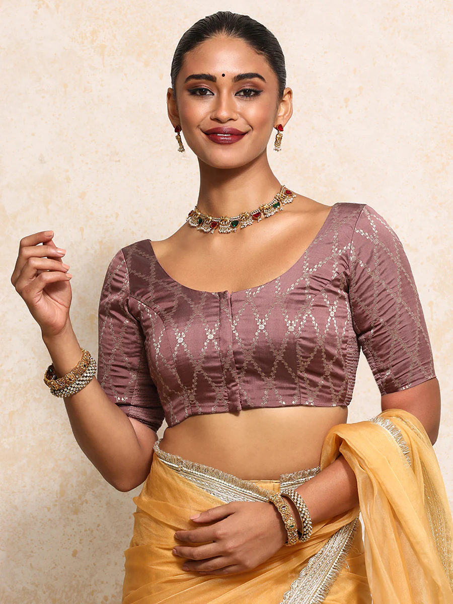 Kumkum x Tyohaar | Elbow Sleeves Saree Blouse in Dusky Mauve Vine Mesh Brocade - Image 9