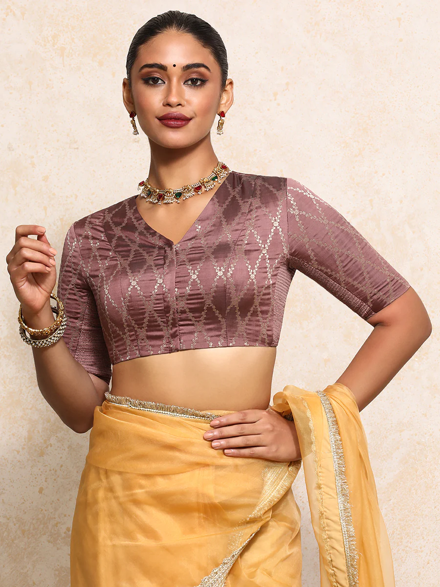 Manisha x Tyohaar | Elbow Sleeves Saree Blouse in Dusky Mauve Vine Mesh Brocade - Image 15