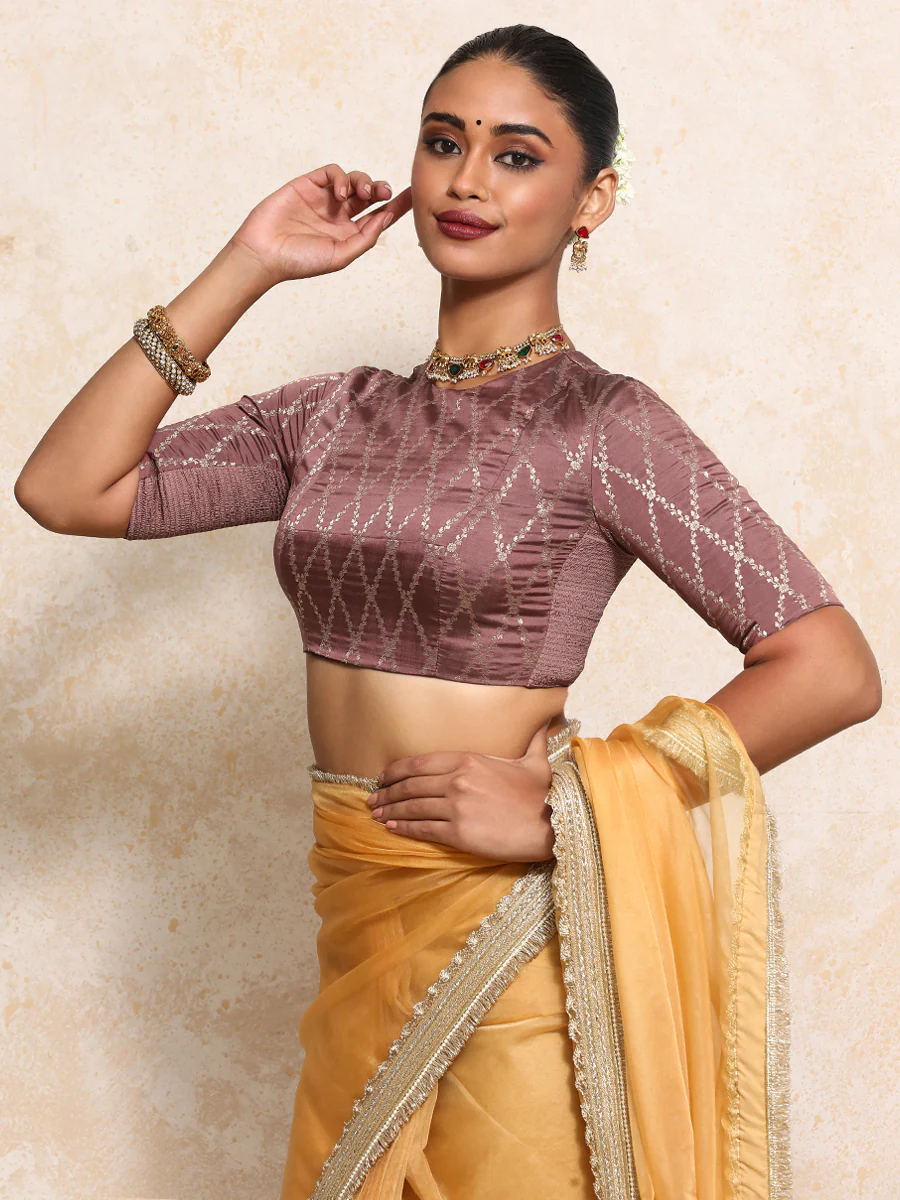 Reena x Tyohaar | Elbow Sleeves Saree Blouse in Dusky Mauve Vine Mesh Brocade - Image 8
