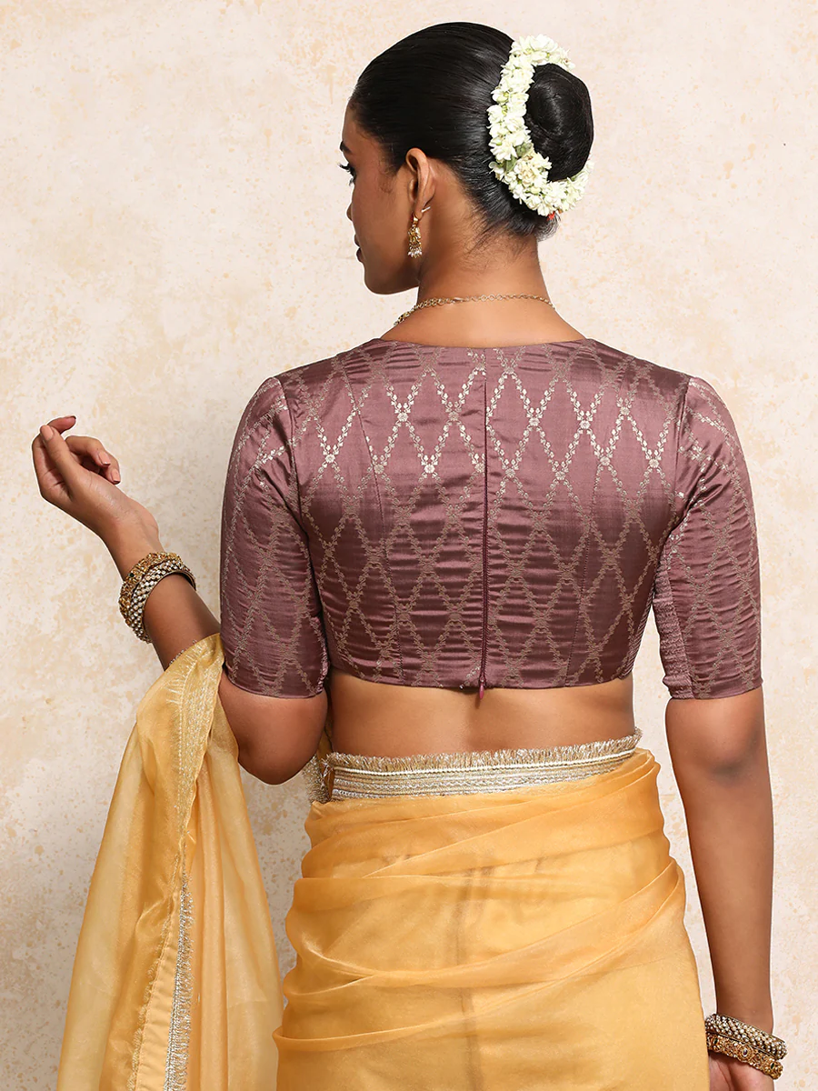 Rubani x Tyohaar | Elbow Sleeves Saree Blouse in Dusky Mauve Vine Mesh Brocade - Image 2