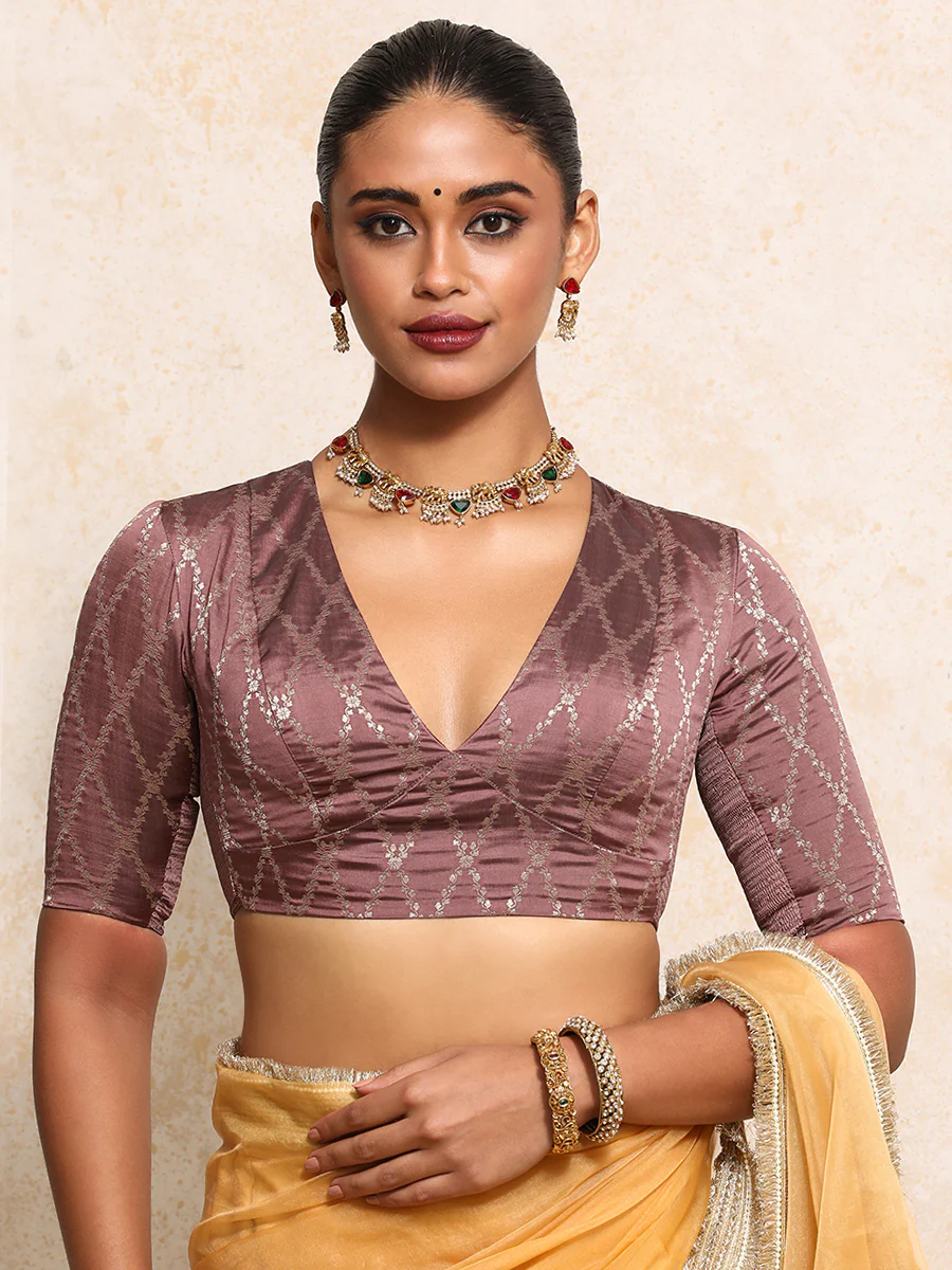 Rubani x Tyohaar | Elbow Sleeves Saree Blouse in Dusky Mauve Vine Mesh Brocade - Image 7