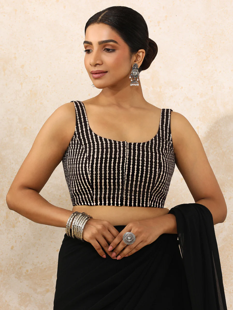 Jiva x Rozaana | Sleeveless Saree Blouse in Earthy Black Stripes Block Print Cotton