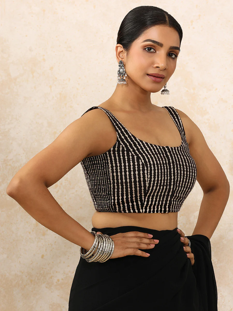 Jiva x Rozaana | Sleeveless Saree Blouse in Earthy Black Stripes Block Print Cotton - Image 8