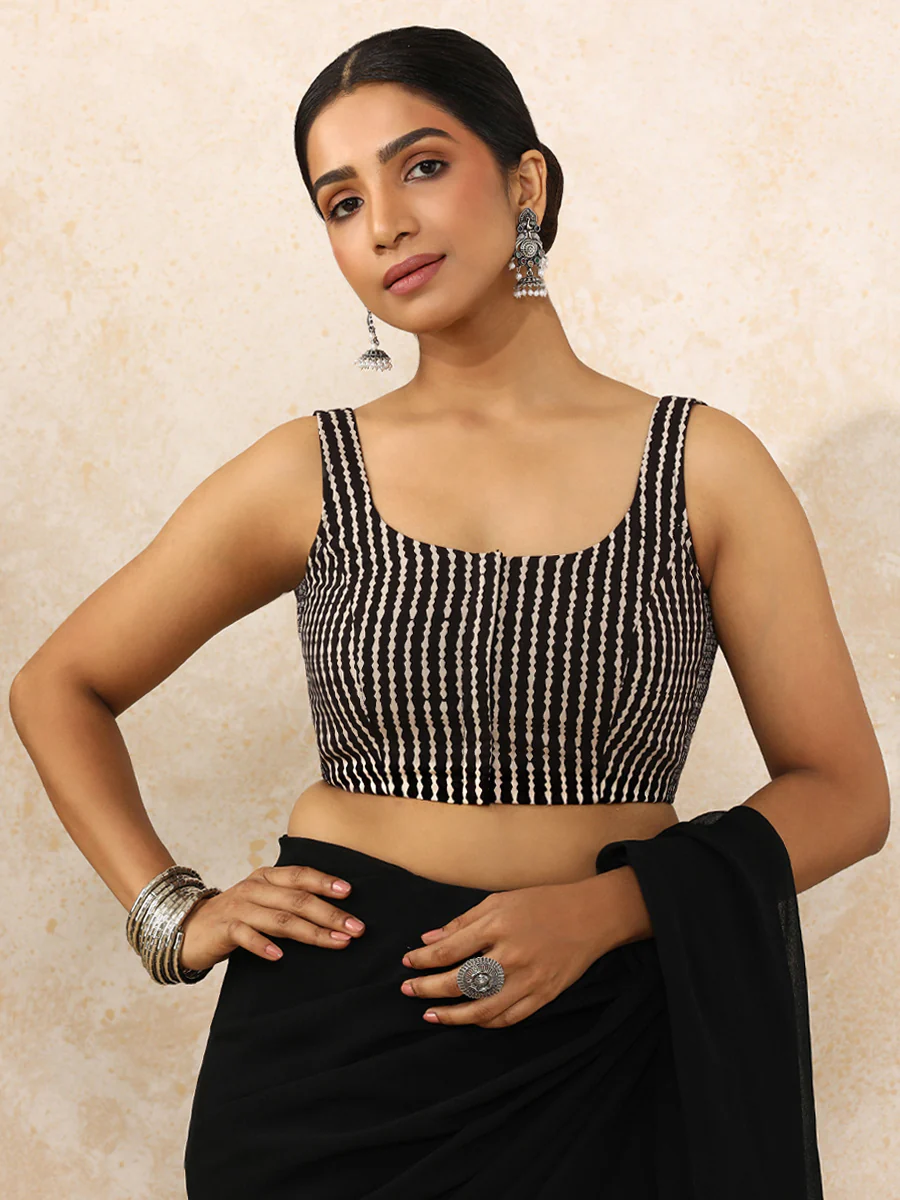Jiva x Rozaana | Sleeveless Saree Blouse in Earthy Black Stripes Block Print Cotton - Image 9