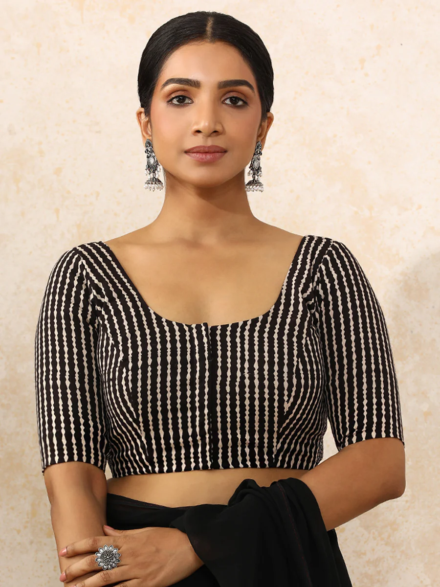 Sneha x Rozaana | Elbow Sleeves Saree Blouse in Earthy Black Stripes Block Print Cotton - Image 6