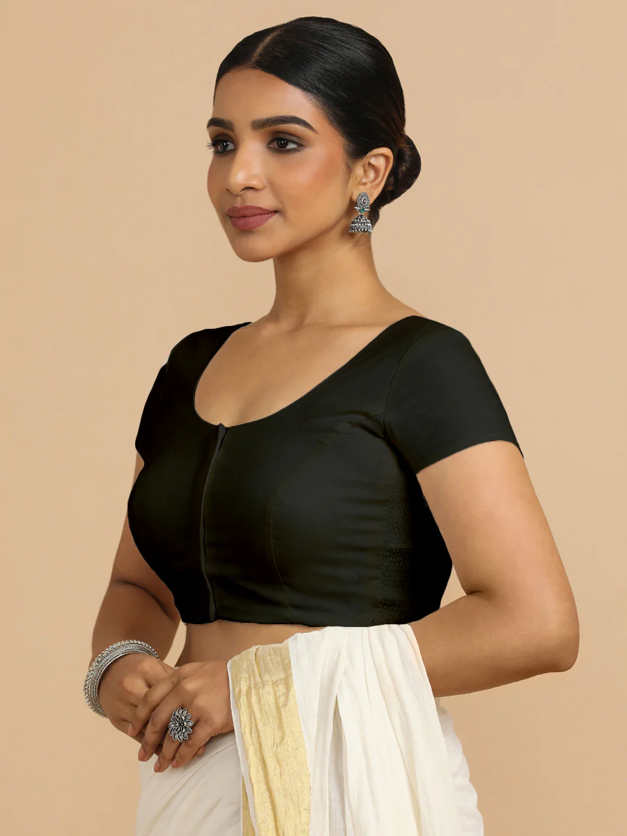 Mona x Rozaana | Short Sleeves Saree Blouse in Ebony Black Linen - Image 9