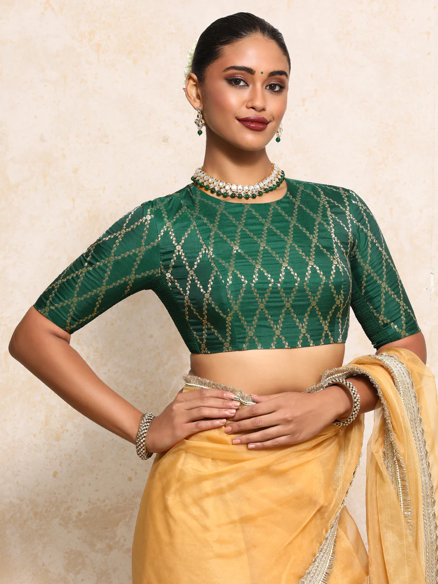 Reena x Tyohaar | Elbow Sleeves Saree Blouse in Emerald Green Vine Mesh Brocade - Image 11