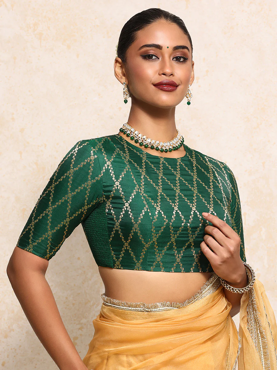 Reena x Tyohaar | Elbow Sleeves Saree Blouse in Emerald Green Vine Mesh Brocade - Image 12