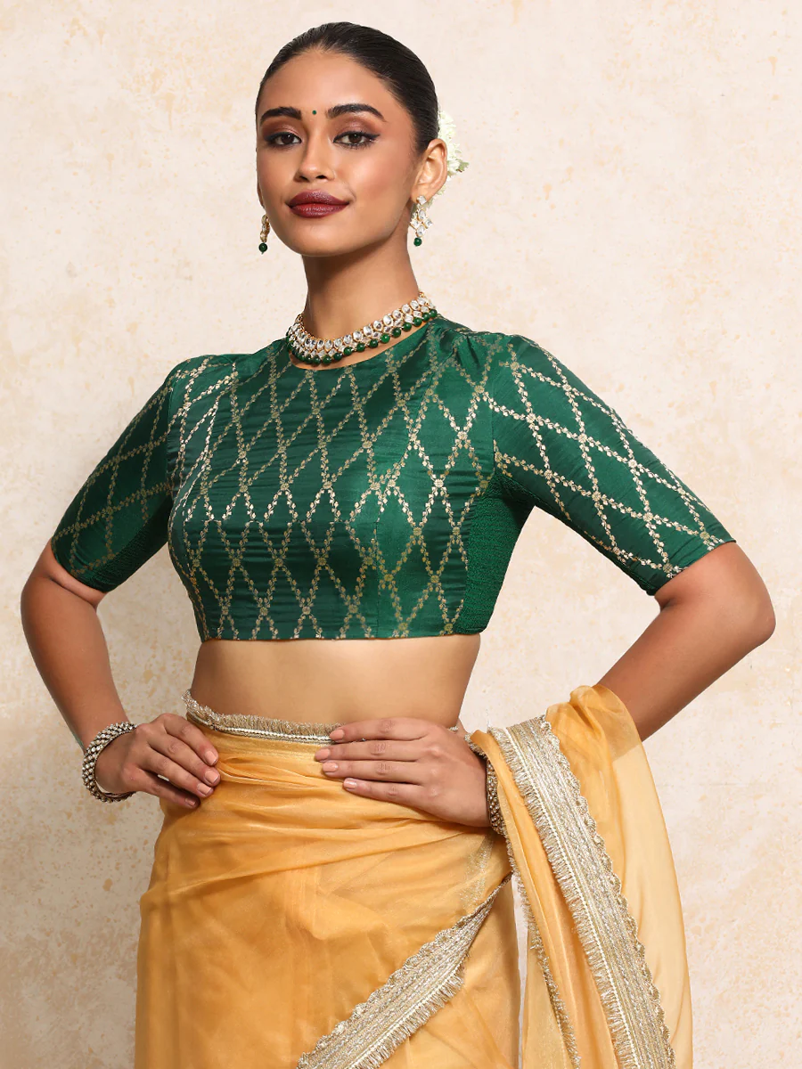 Reena x Tyohaar | Elbow Sleeves Saree Blouse in Emerald Green Vine Mesh Brocade - Image 6