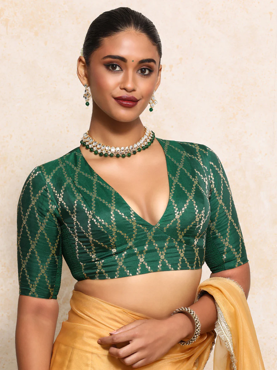 Rubani x Tyohaar | Elbow Sleeves Saree Blouse in Emerald Green Vine Mesh Brocade - Image 10