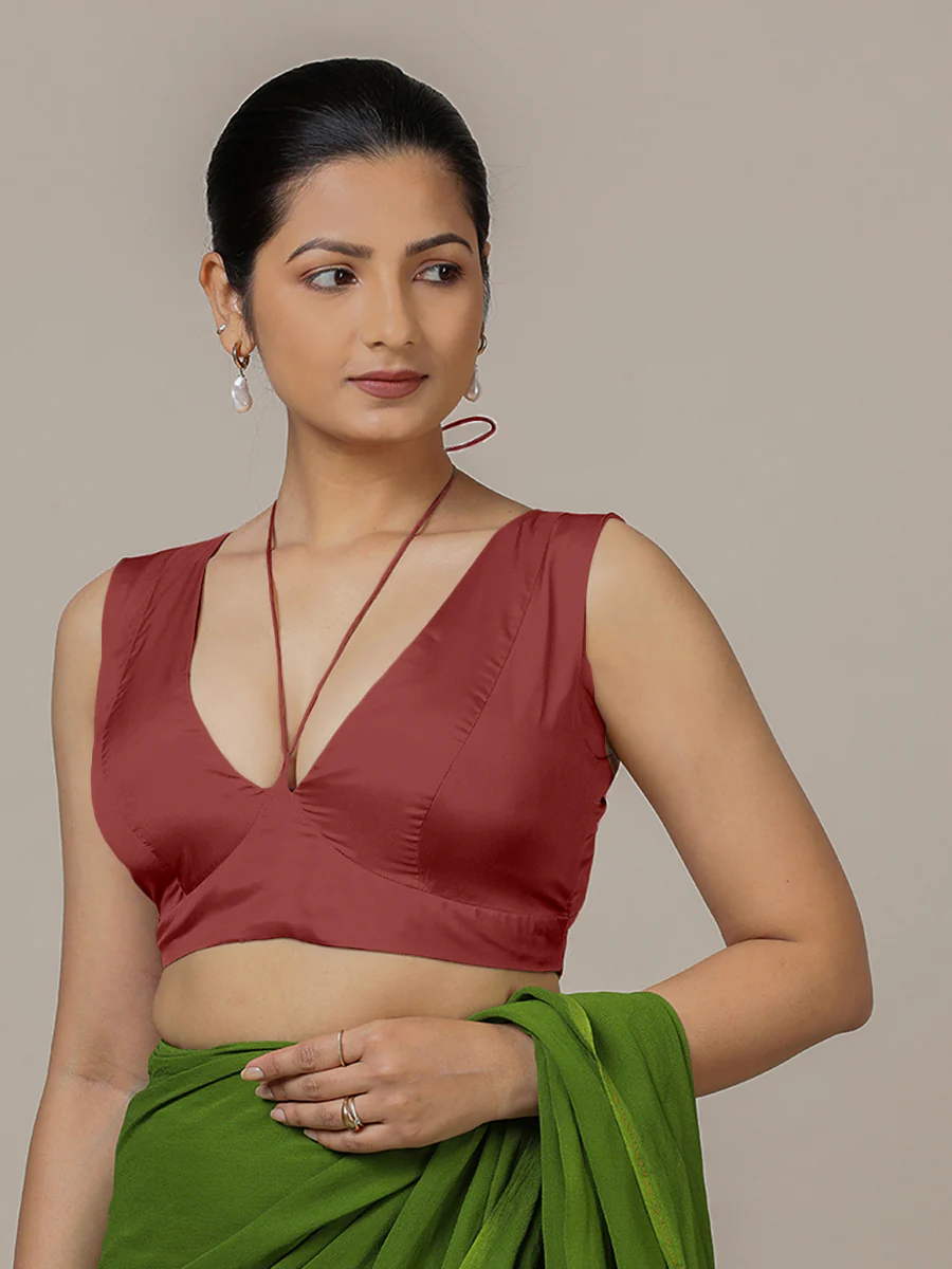 Ahana x Rozaana | Auburn Red Sleeveless FlexiFit™ Saree Blouse with Plunging Neckline and Back Cut Out with Tie-up - Image 3