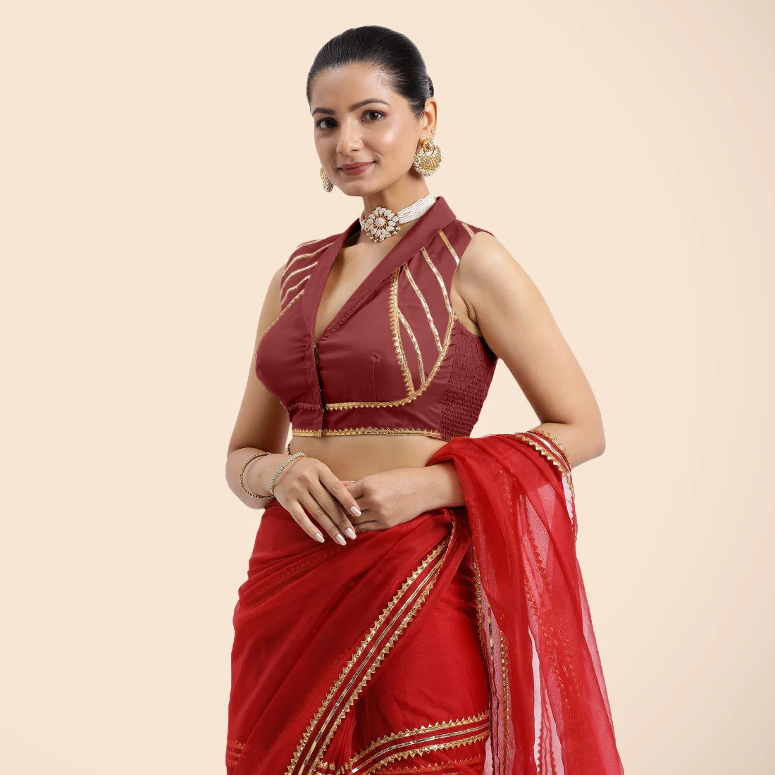 Avni x Tyohaar | Auburn Red Sleeveless FlexiFit™ Saree Blouse with Elegant Shawl Collar with Golden Gota Lace Embellishment - Image 6