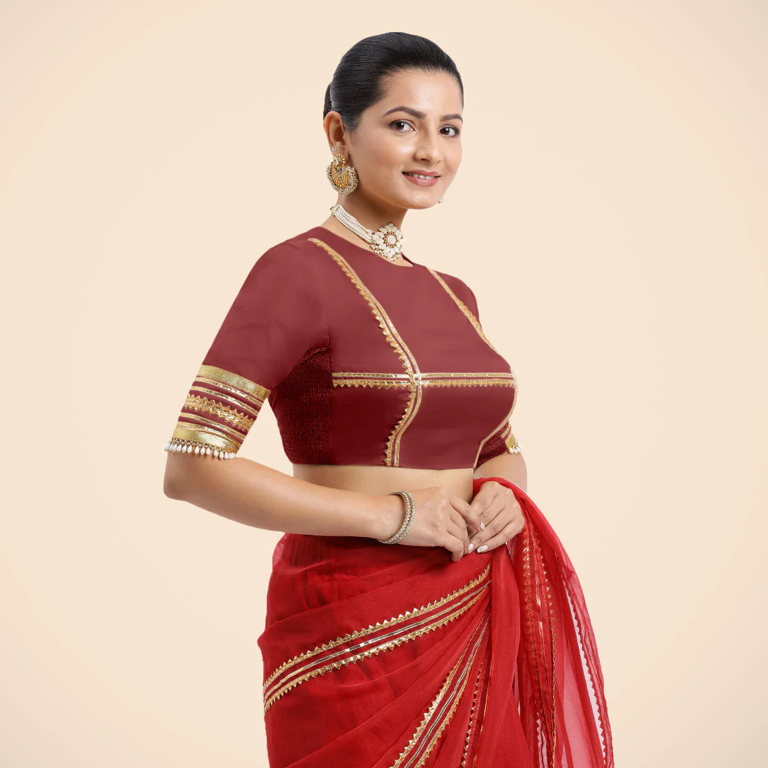 Farheen x Tyohaar | Auburn Red Embellished Elbow Sleeves FlexiFit™ Saree Blouse with Zero Neck with Back Cut-Out and Golden Gota Embellishment - Image 3