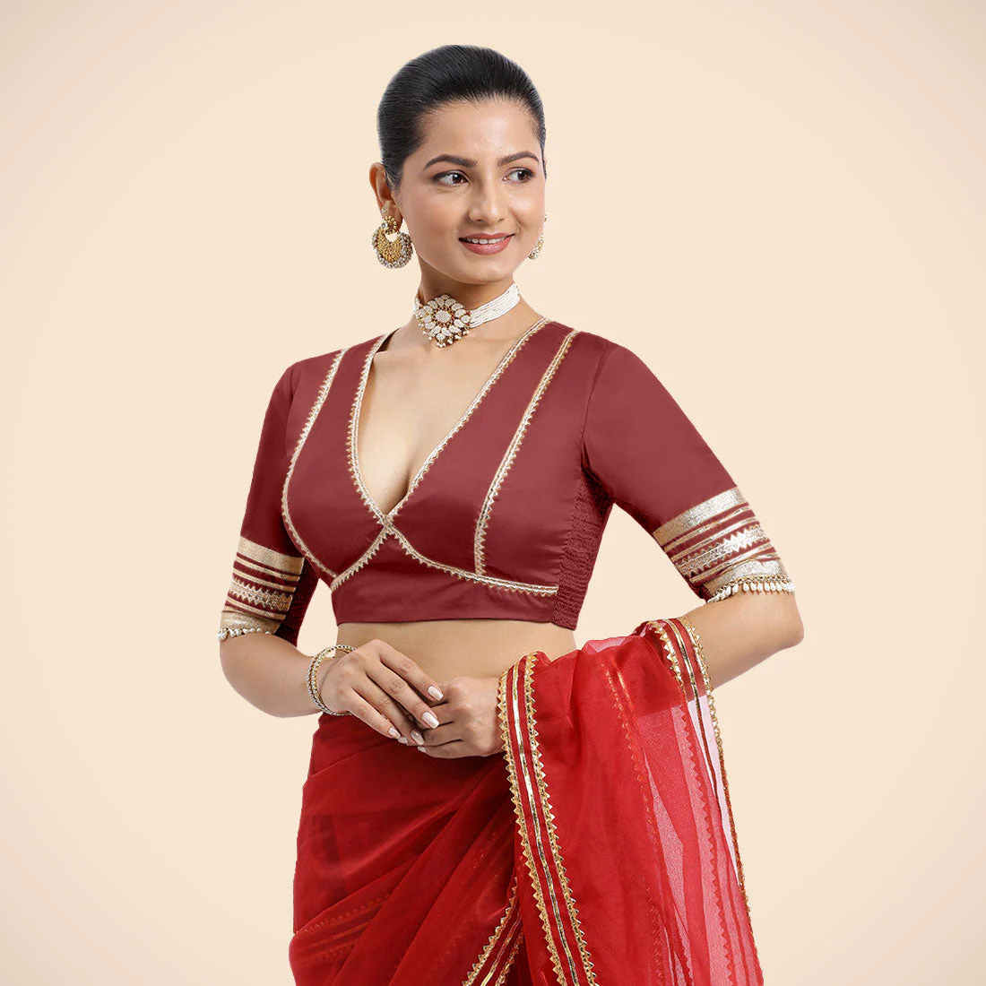 Nafeeza x Tyohaar | Auburn Red Embellished Elbow Sleeves FlexiFit™ Saree Blouse with Plunging V Neckline with Tasteful Golden Gota Lace - Image 6
