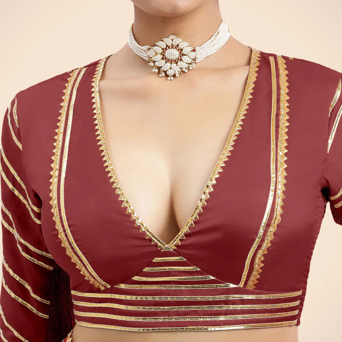Navya x Tyohaar | Auburn Red Elbow Sleeves FlexiFit™ Saree Blouse with Plunging V Neckline with Tasteful Golden Gota Lace - Image 11