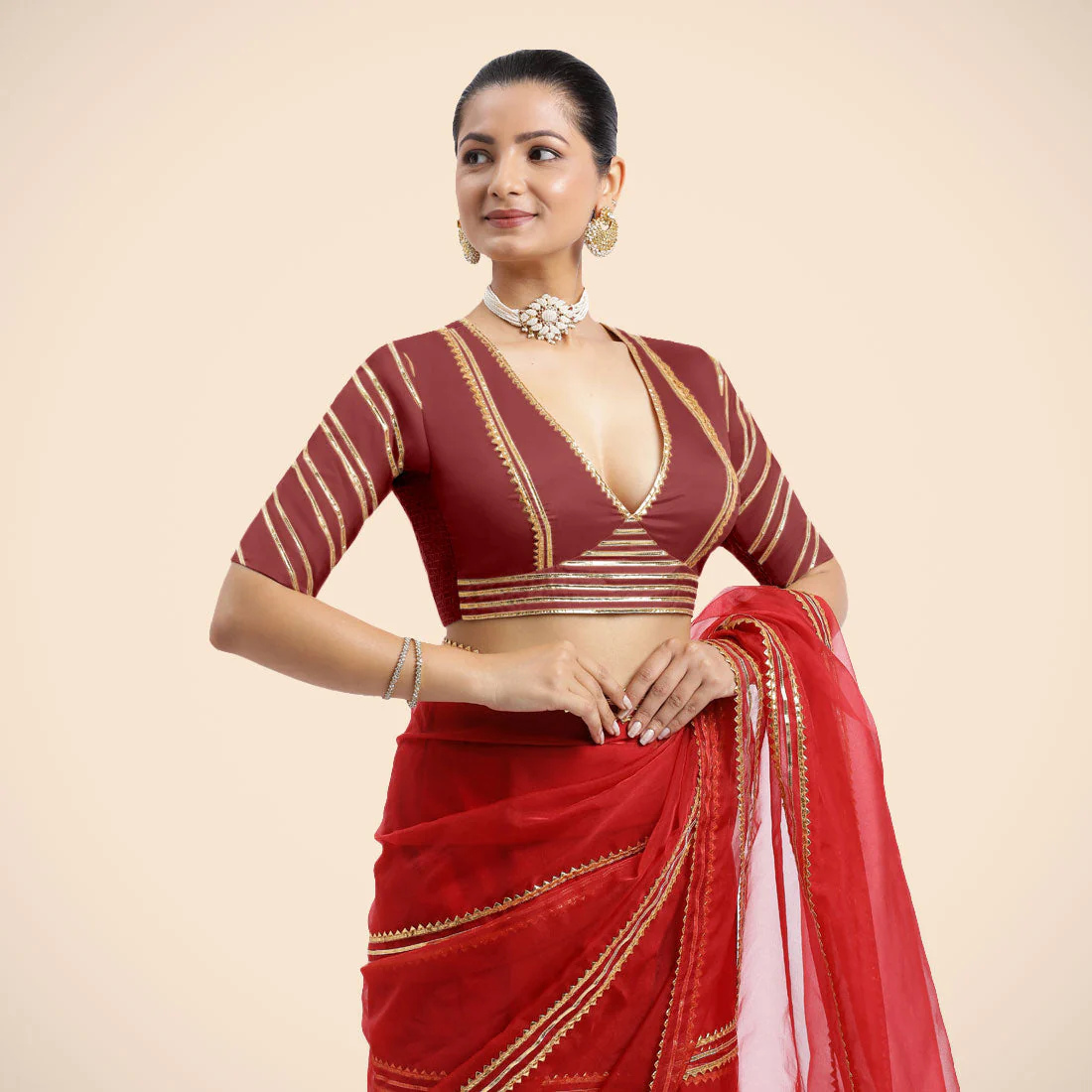 Navya x Tyohaar | Auburn Red Elbow Sleeves FlexiFit™ Saree Blouse with Plunging V Neckline with Tasteful Golden Gota Lace - Image 2