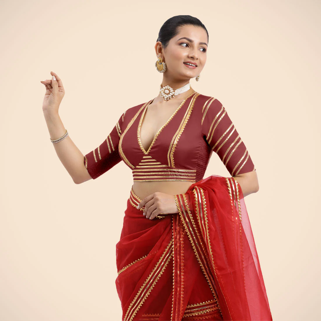 Navya x Tyohaar | Auburn Red Elbow Sleeves FlexiFit™ Saree Blouse with Plunging V Neckline with Tasteful Golden Gota Lace - Image 3