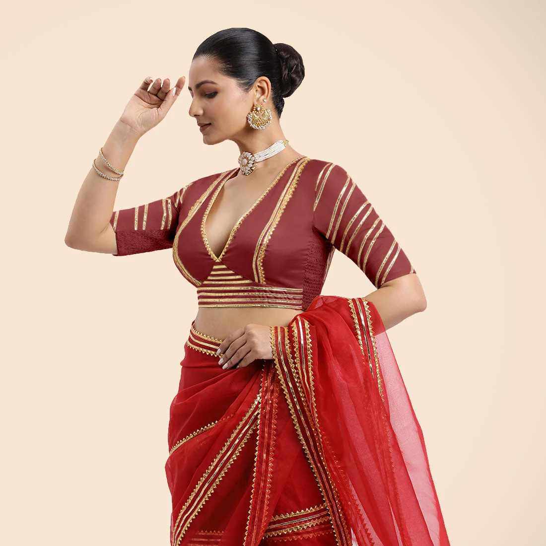 Navya x Tyohaar | Auburn Red Elbow Sleeves FlexiFit™ Saree Blouse with Plunging V Neckline with Tasteful Golden Gota Lace - Image 6