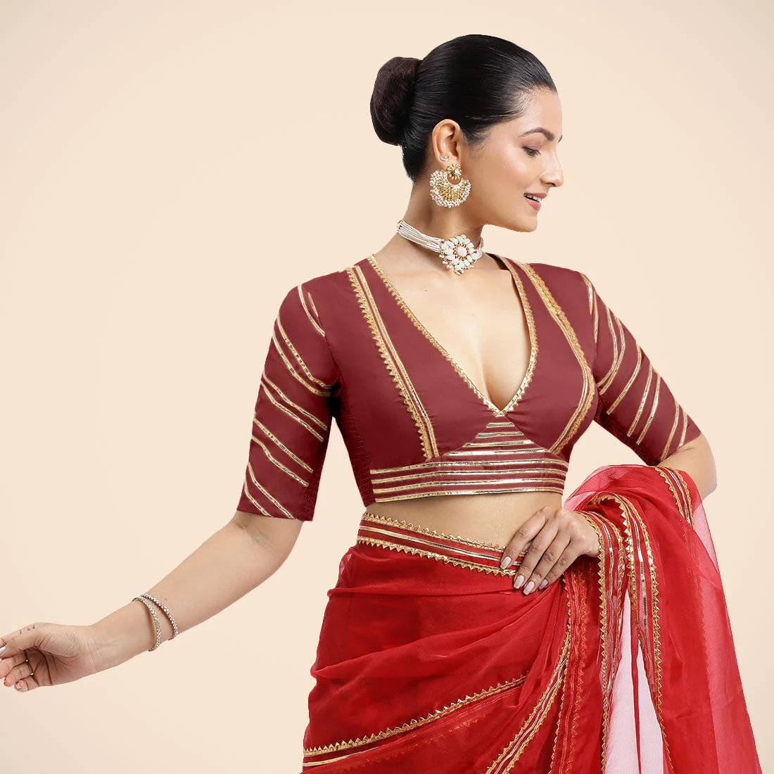 Navya x Tyohaar | Auburn Red Elbow Sleeves FlexiFit™ Saree Blouse with Plunging V Neckline with Tasteful Golden Gota Lace - Image 7