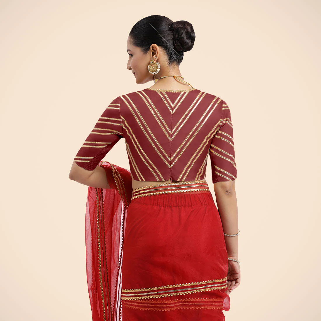 Navya x Tyohaar | Auburn Red Elbow Sleeves FlexiFit™ Saree Blouse with Plunging V Neckline with Tasteful Golden Gota Lace - Image 8