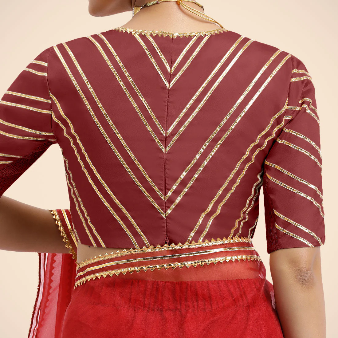 Navya x Tyohaar | Auburn Red Elbow Sleeves FlexiFit™ Saree Blouse with Plunging V Neckline with Tasteful Golden Gota Lace - Image 9