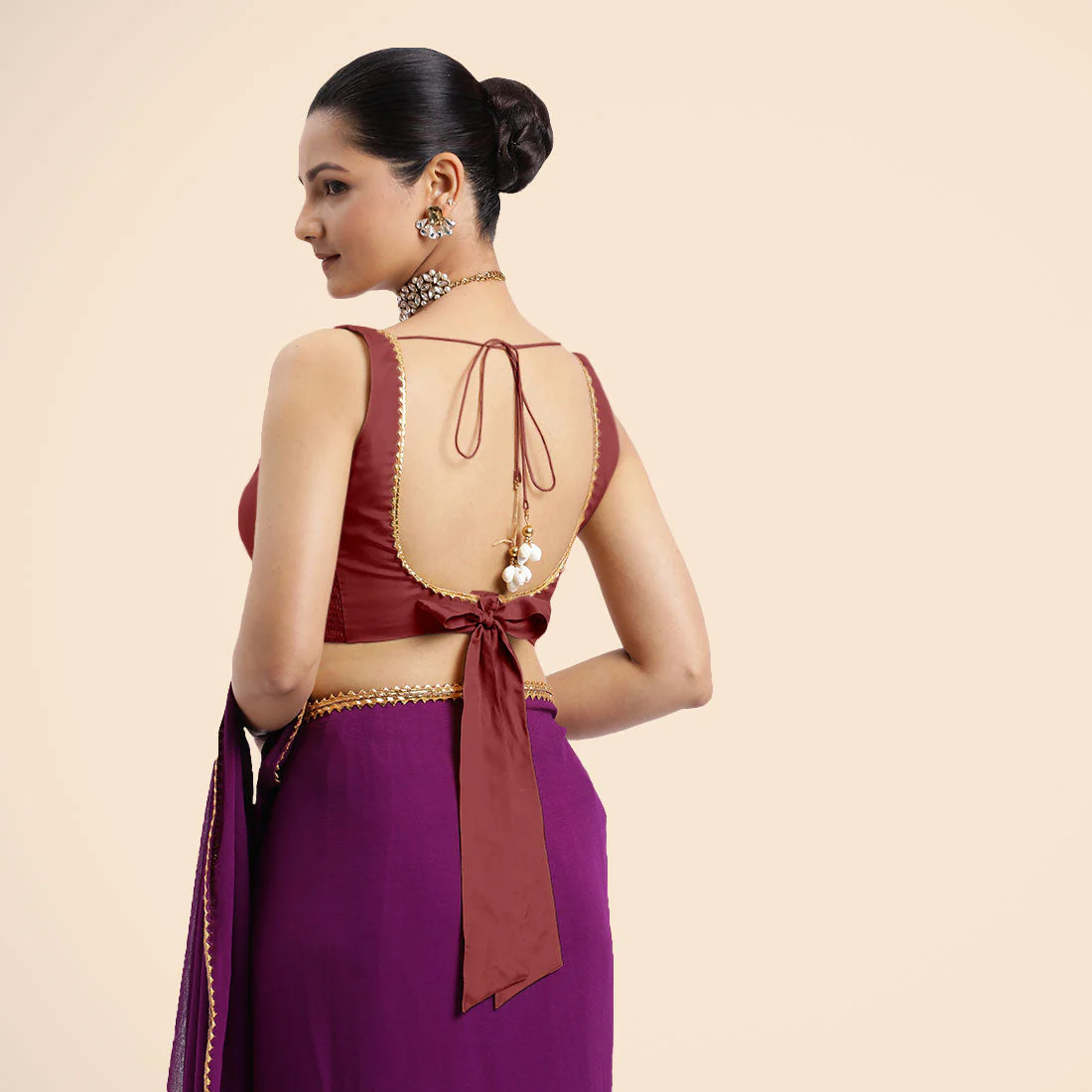 Raisa x Tyohaar | Auburn Red Sleeveless FlexiFit™ Saree Blouse with V Neckline with Golden Gota Lace Embellishment and Back Cut-out with Tie-Up - Image 4