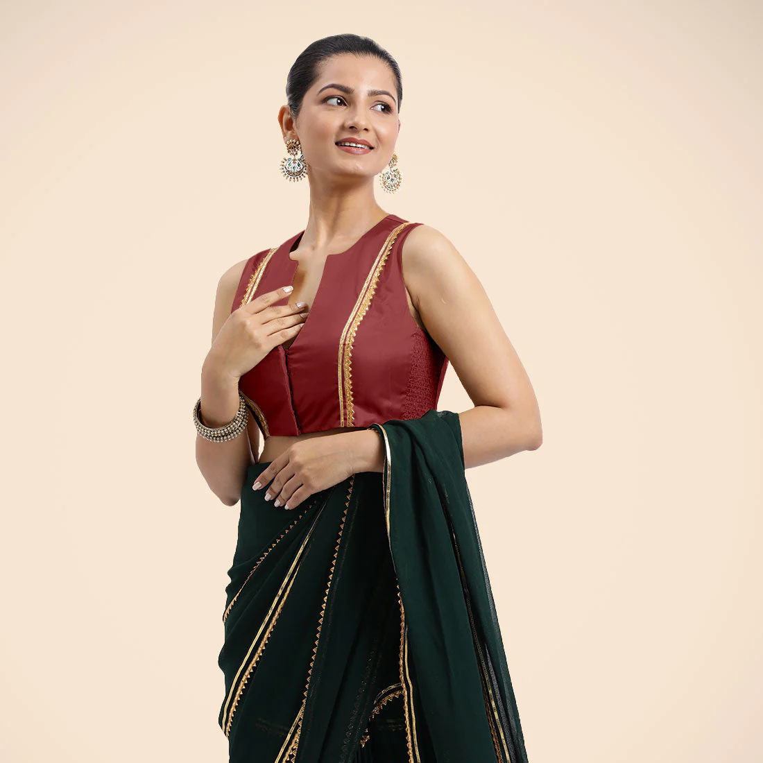 Veena x Tyohaar | Auburn Red Sleeveless FlexiFit™ Saree Blouse with Front Open Closed Neckline with Slit and Golden Gota Lace