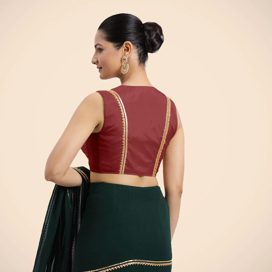 Veena x Tyohaar | Auburn Red Sleeveless FlexiFit™ Saree Blouse with Front Open Closed Neckline with Slit and Golden Gota Lace - Image 4